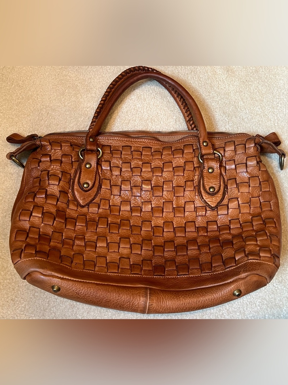 Sundance Catalog Cognac Brown Woven Leather Basketweave Satchel Bag - Picture 13 of 14